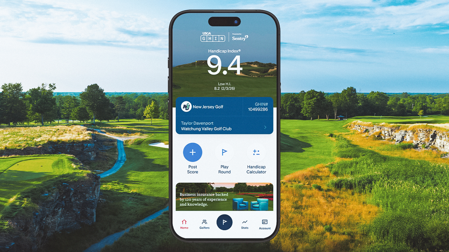 Smartphone displaying the redesigned USGA GHIN app home screen with Handicap Index, Post Score and Start Round buttons.